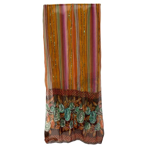 Raj 100% Silk Sequin Scarf Artistic Stripe Floral Whimsy Boho Festival Sheer - Picture 3 of 4